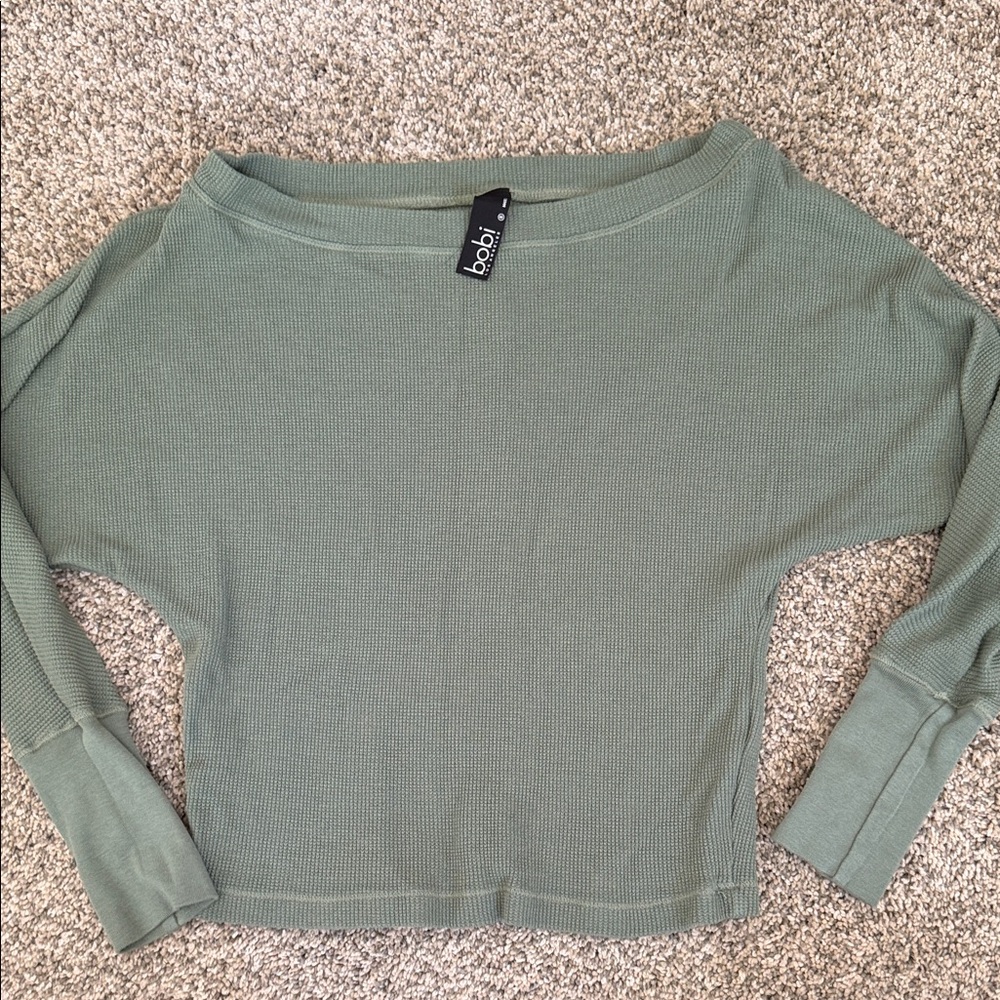 bobi Sage Green Waffle Knit Boatneck Pullover